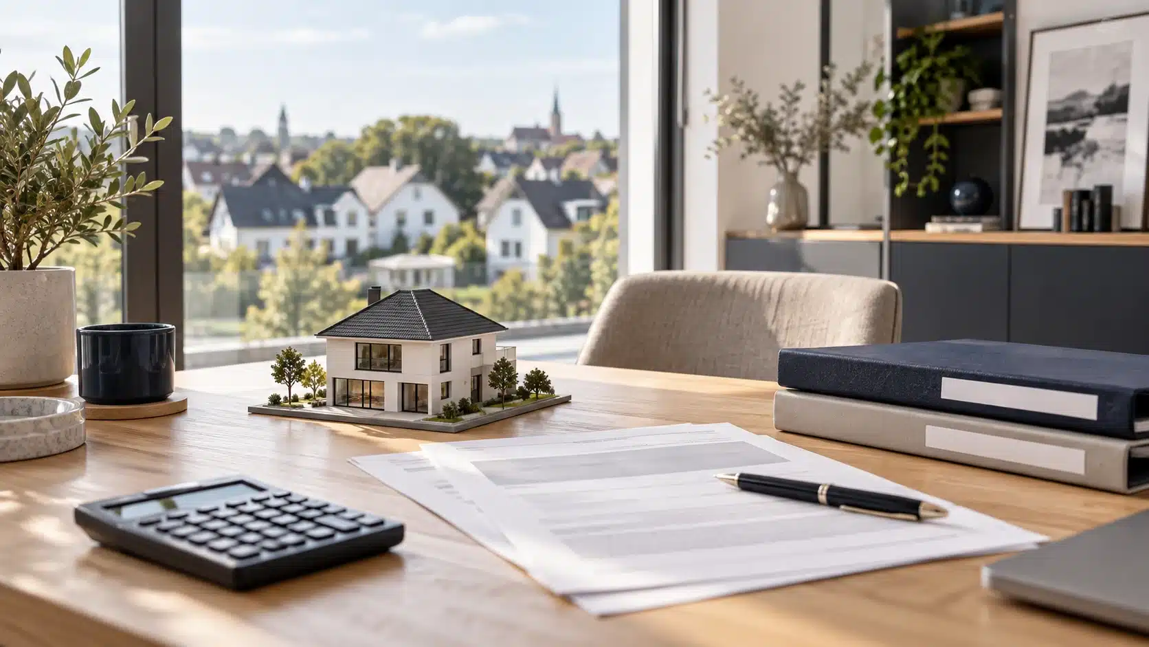Hausmodell, Taschenrechner und Finanzierungsunterlagen auf einem Schreibtisch zur Planung einer Anschlussfinanzierung