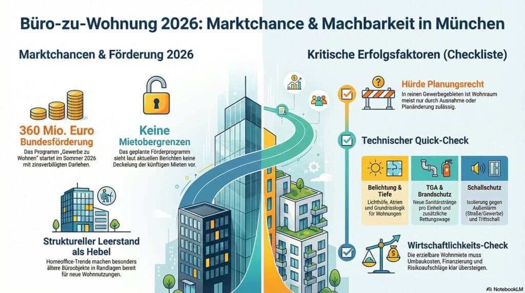 Infografik zum Umbau der Büro-zu-Wohnung München bis 2026 mit Förderung, Erfolgsfaktoren, Genehmigungshürden sowie technischen und wirtschaftlichen Checks - dargestellt mit Icons und prägnanten Textbausteinen.