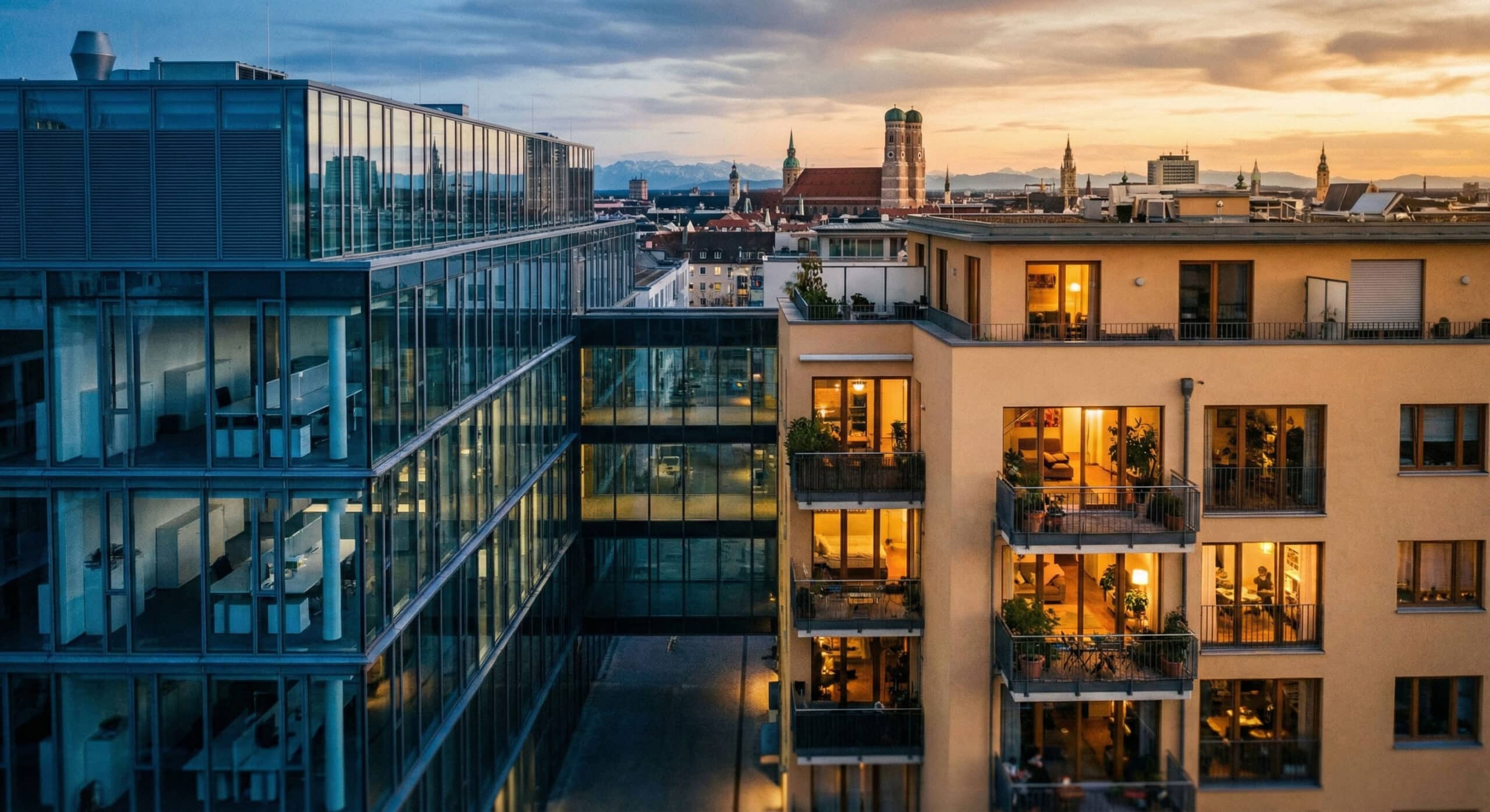 Modernes gläsernes Bürogebäude und ein Wohnkomplex mit beleuchteten Fenstern bei Sonnenuntergang, verbunden durch einen gläsernen Steg - ein Beispiel für Büro-zu-Wohnung München, vor einer Stadtkulisse mit Kirchtürmen im Hintergrund.