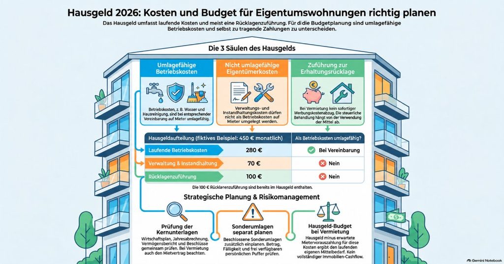 Infografik zum Hausgeld einer Eigentumswohnung mit Kostenaufteilung, Erhaltungsrücklage und Hinweisen zu Sonderumlagen und Budgetplanung.