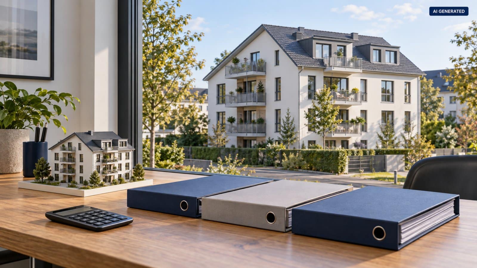 Ordner, Taschenrechner und Gebäudemodell vor einem Mehrfamilienhaus als Motiv zur Hausgeldplanung einer Eigentumswohnung.