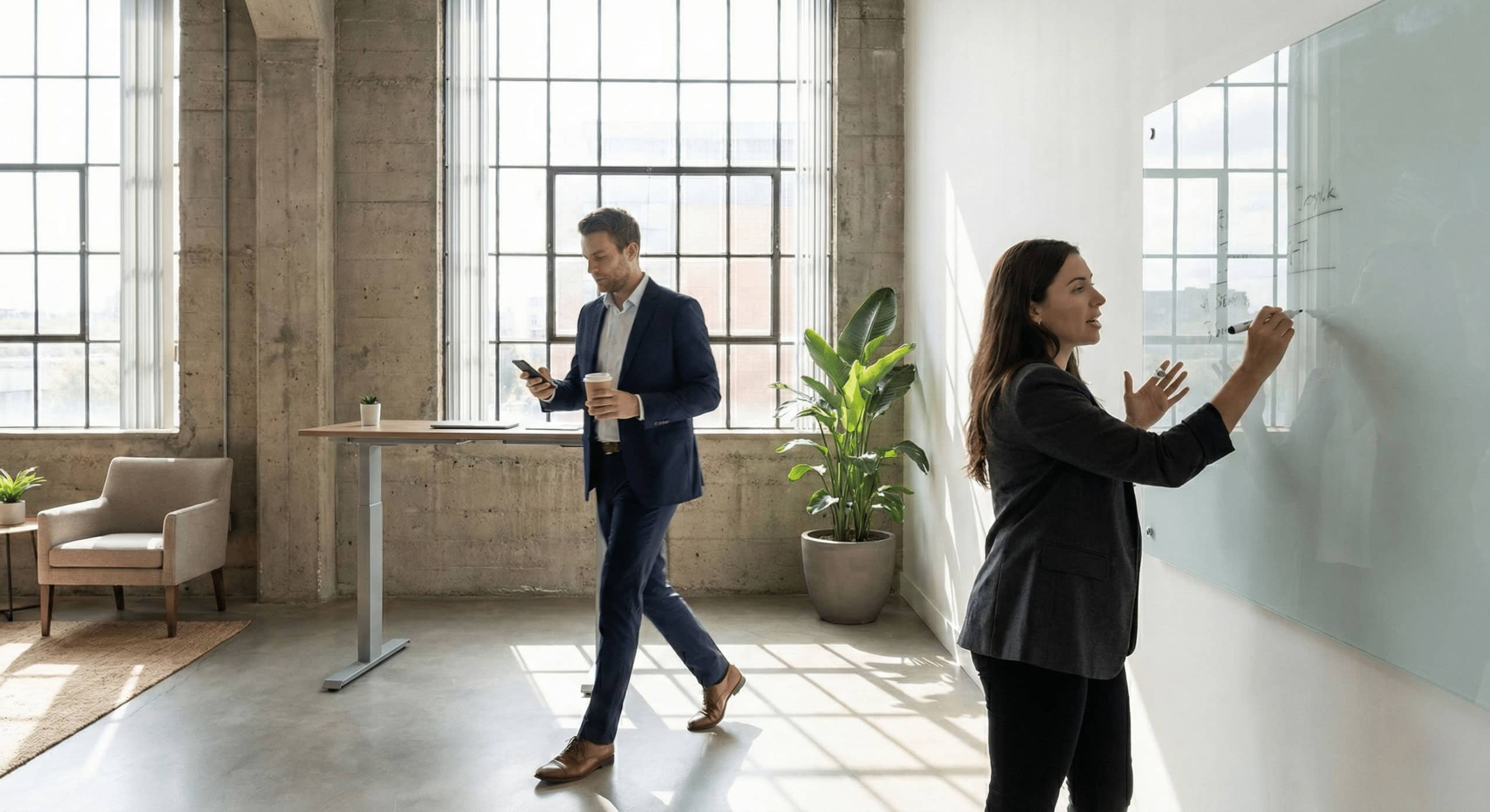 Eine Frau schreibt an einem Whiteboard, während ein Mann im Anzug, vielleicht von Lkm Immobilien, mit einer Kaffeetasse in der Hand an einem modernen Münchner Büro mit großen Fenstern und Topfpflanzen vorbeigeht und sein Telefon überprüft.