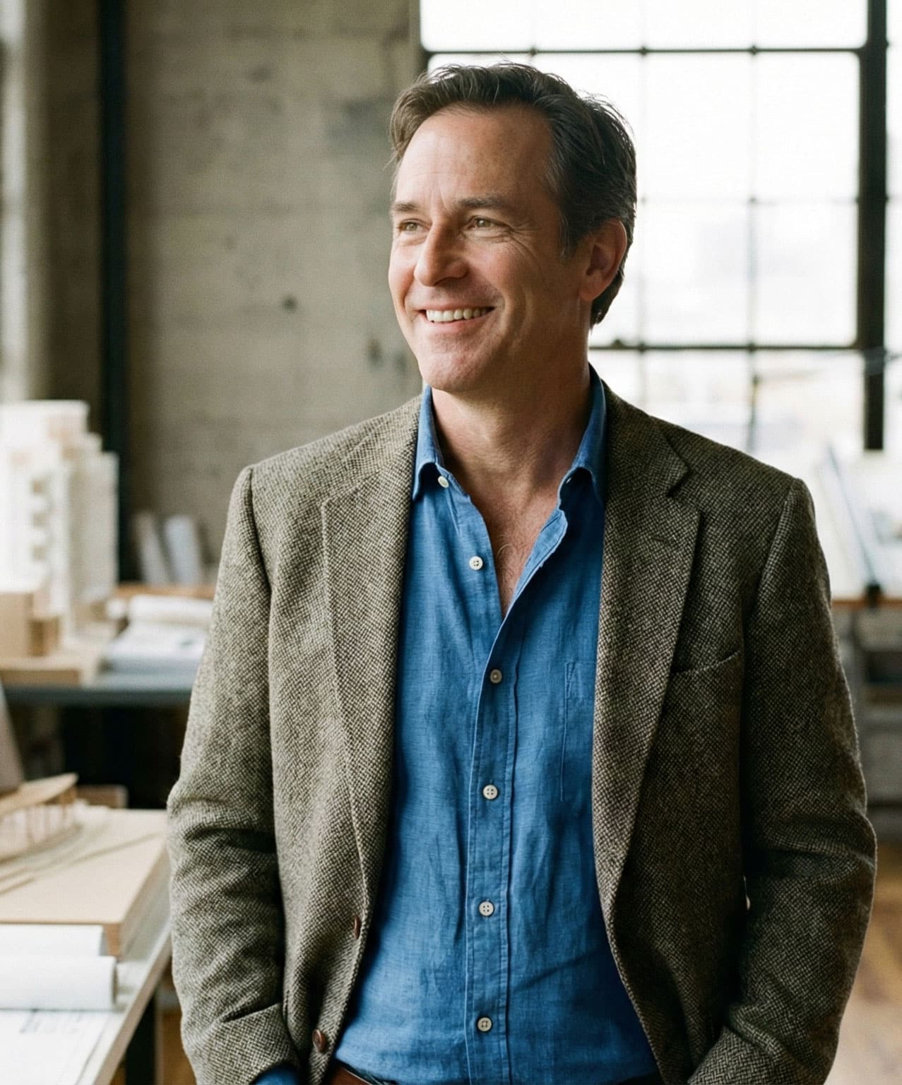 Ein Mann steht in einem Haus, lächelt und blickt zur Seite. Er trägt ein hellblaues Button-up-Hemd und einen braunen strukturierten Blazer. Hinter ihm stehen Regale, Architekturmodelle und ein großes Fenster mit Tageslicht in einem Lkm-Immobilienbüro in München.