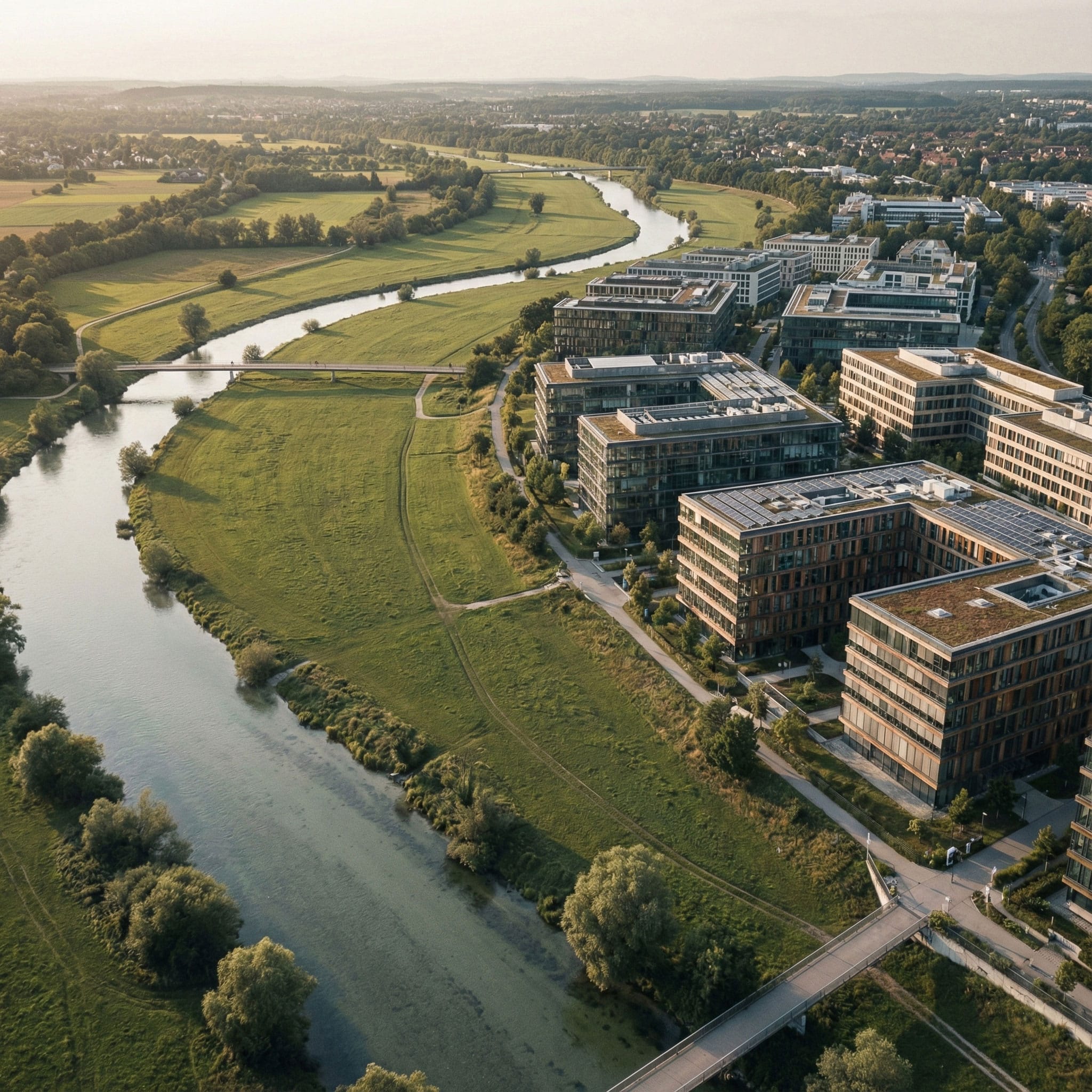 Luftaufnahme von modernen Bürogebäuden an einem gewundenen Fluss, umgeben von grünen Feldern und Bäumen in München, mit einer Stadtlandschaft und Hügeln dahinter - ein erstklassiger Ort für Lkm-Immobilien oder Immobilien unter einem dunstigen Himmel.