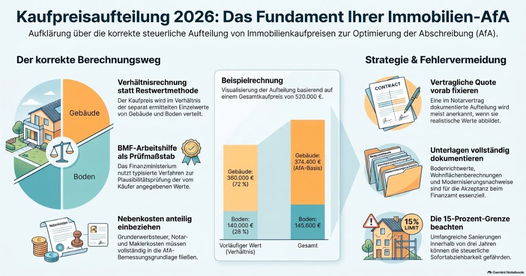 Infografik zur Kaufpreisaufteilung 2026 mit Gebäude- und Bodenanteil, AfA-Beispielrechnung und Hinweisen zur Dokumentation.