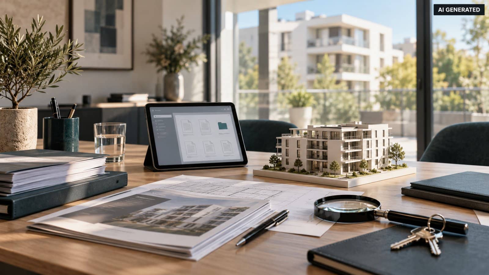 Beratungstisch mit Tablet, Prüfunterlagen und Architekturmodell für die Due Diligence einer Immobilie