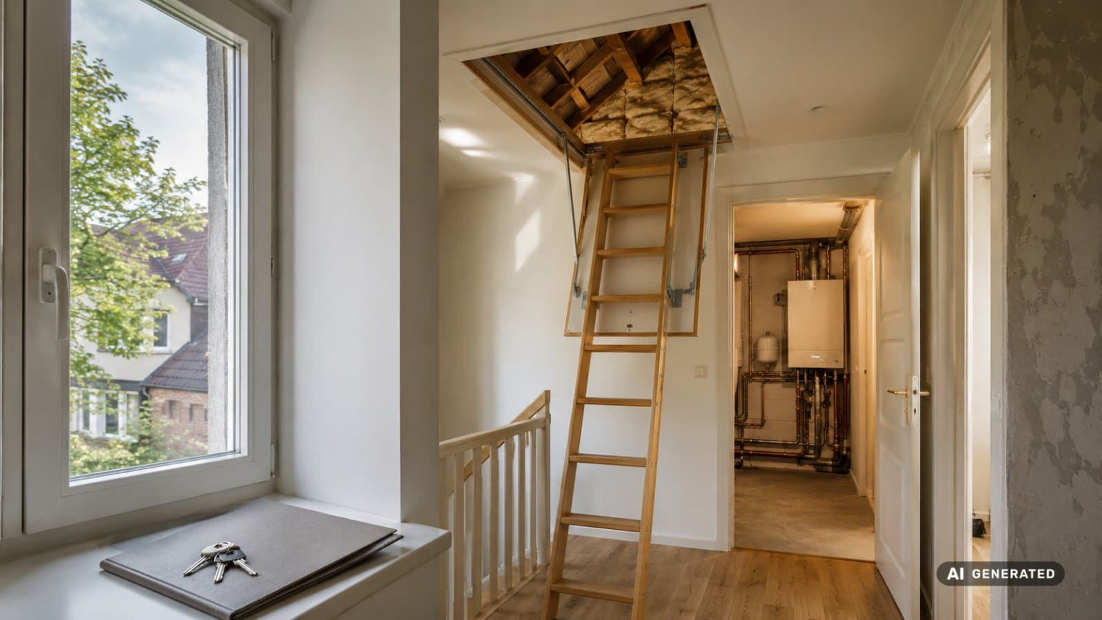 Sanierungspflichten nach Hauskauf: Geöffneter Dachzugang mit sichtbarer Dämmung, Heiztechnik sowie Hausunterlagen und Schlüsseln in einem Wohnhaus.