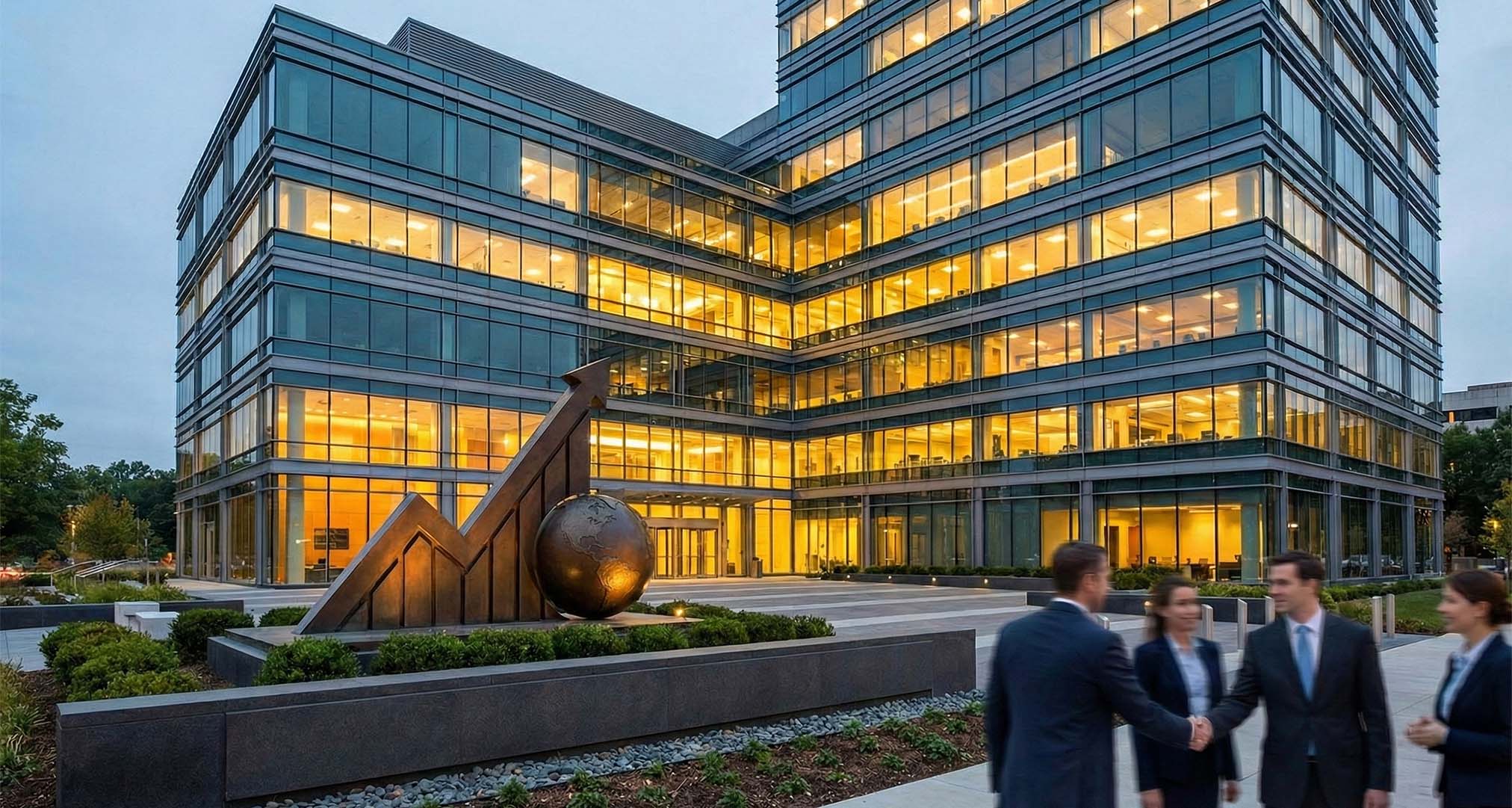 Modernes Bürogebäude mit großen Glasfenstern, beleuchtet in der Abenddämmerung in München. Vier Personen in Geschäftskleidung unterhalten sich im Vordergrund. Eine Metallkugel und eine abstrakte Skulptur markieren den Eingang von Lkm Immobilien.
