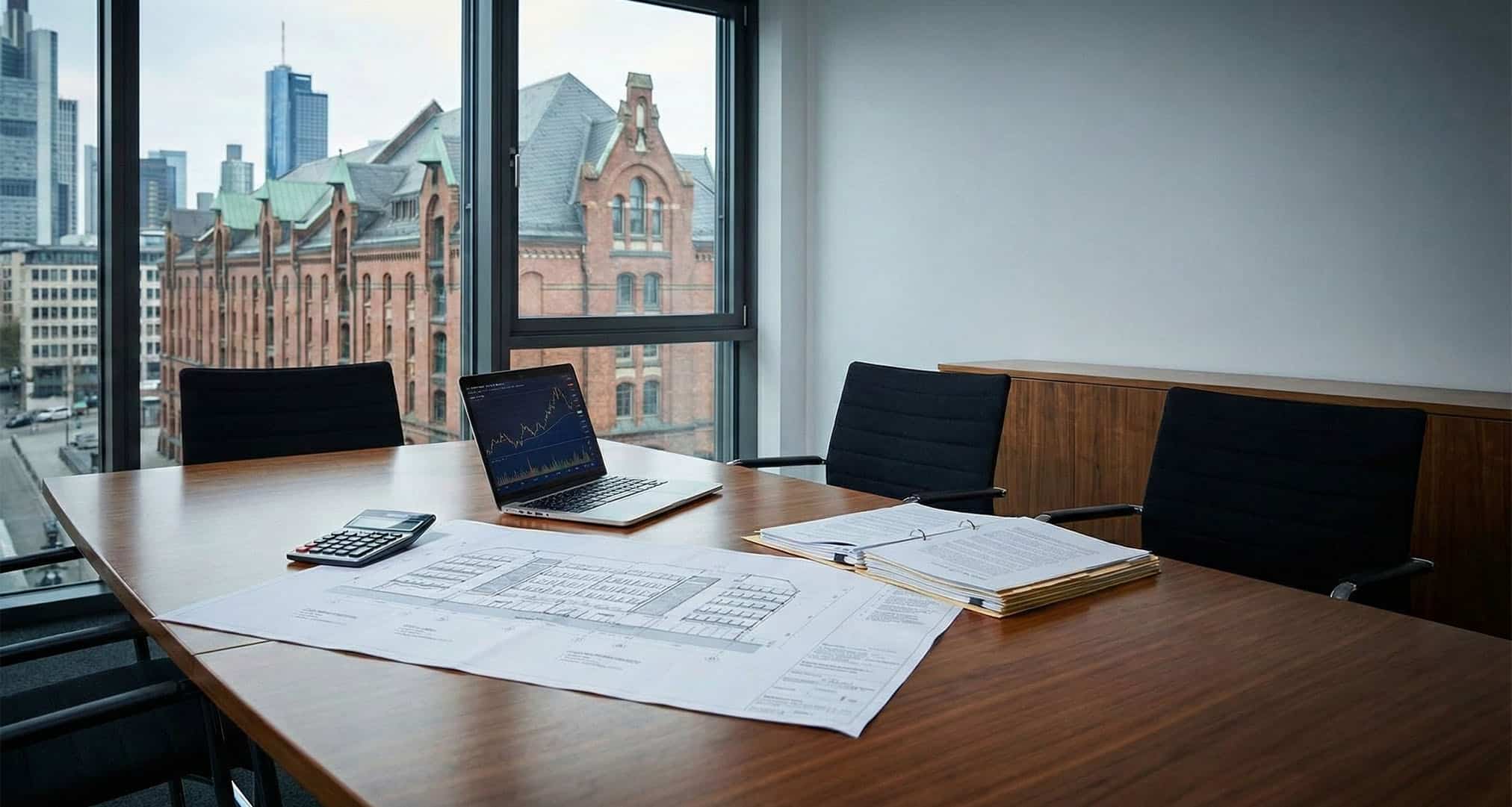 In einem modernen Konferenzraum in München steht ein Holztisch mit Laptop, Taschenrechner, Bauplänen, Papierkram und Ordnern. Vier schwarze Stühle umgeben den Arbeitsbereich - ideal für Immobilien- oder Lkm-Profis. Große Fenster geben den Blick auf die Gebäude der Stadt frei.