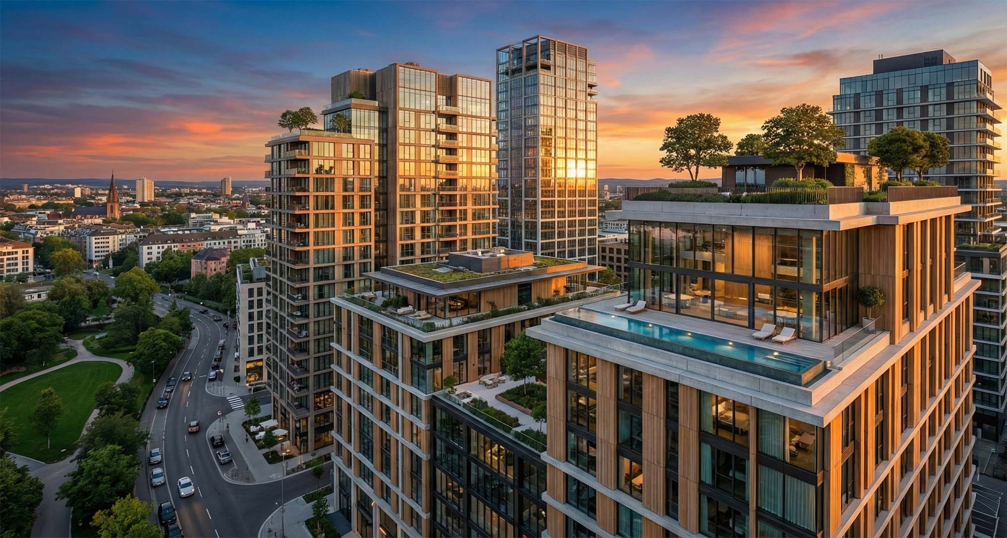 Die modernen Wohnhochhäuser von Lkm Immobilien verfügen über Dachgärten und einen Pool mit Blick auf das Münchner Stadtbild bei Sonnenuntergang. Unterhalb sind Bäume und ein Park zu sehen, die Straßen schlängeln sich am Rand der Immobilien entlang.