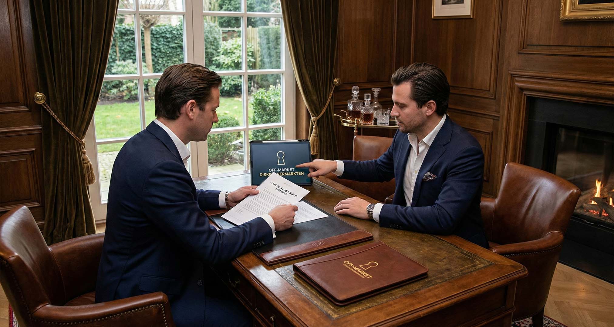 Zwei Männer in Anzügen sitzen sich an einem hölzernen Schreibtisch in einem Arbeitszimmer gegenüber und besprechen Lkm-Immobilienunterlagen. Ein Mann hält Papiere in der Hand, der andere zeigt auf einen Laptop-Bildschirm. Ledermappen, Bücherregale und ein Kamin vervollständigen die Münchner Szenerie.