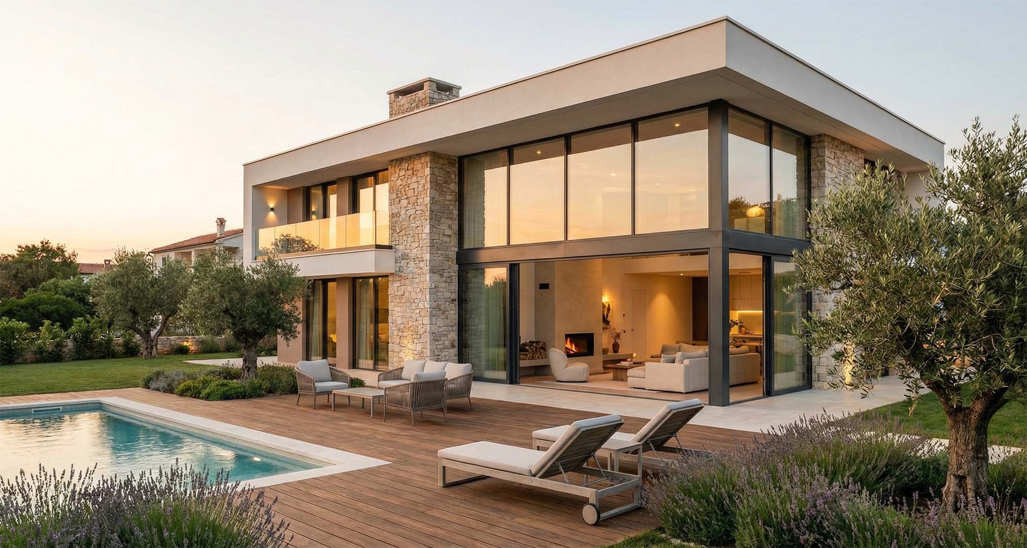 Modernes zweistöckiges Haus mit großen Glasfenstern, Steinakzenten und einer Holzterrasse, angeboten von Lkm Immobilien in München. Mit Lounge-Sesseln am rechteckigen Swimmingpool, umgeben von grünem Rasen und Landschaftsgestaltung.