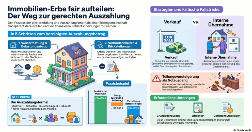 Die Infografik zeigt anhand von Illustrationen in fünf Schritten, wie eine Immobilienerbschaft fair aufgeteilt wird; sie enthält Strategien zur Auszahlung der Erbengemeinschaft sowie Hinweise, wie Sie eine Teilungsversteigerung vermeiden können.