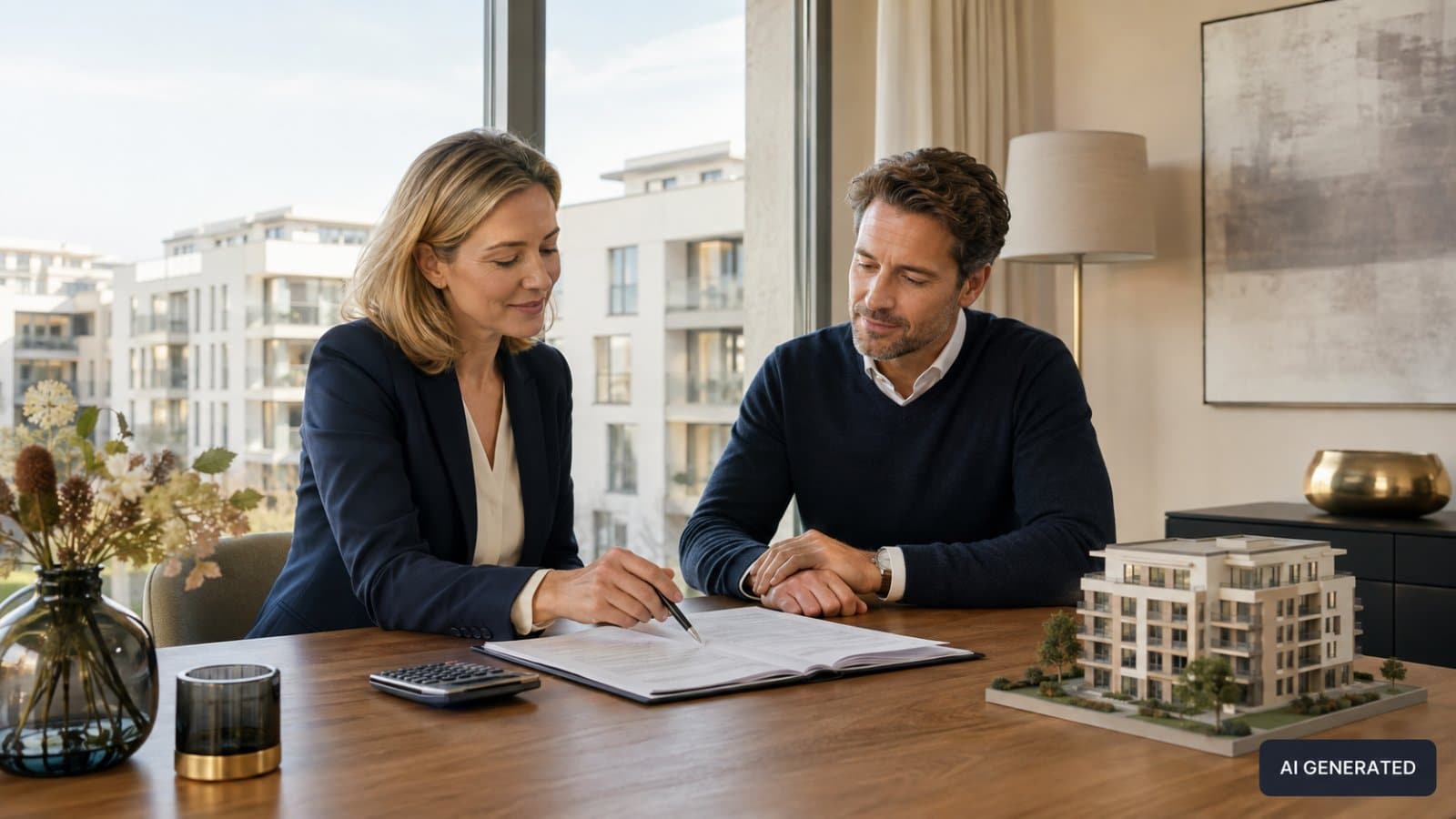 Eigentümer und Immobilienmanagerin prüfen eine Mieterhöhung 2026 mit Mietvertrag, Rechner und Wohnmodell