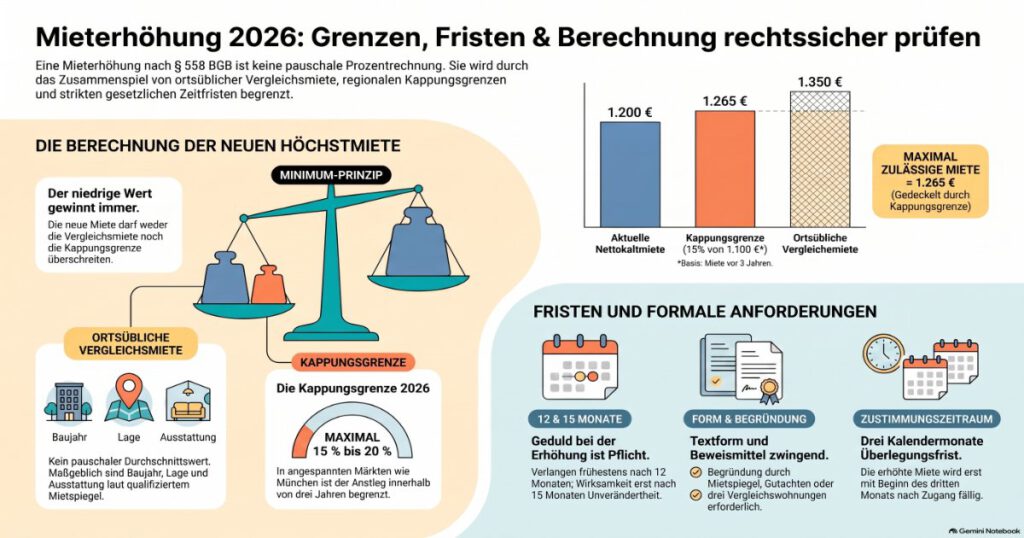 Infografik zur Mieterhöhung 2026 mit Vergleichsmiete, Kappungsgrenze, Berechnungsbeispiel und gesetzlichen Fristen