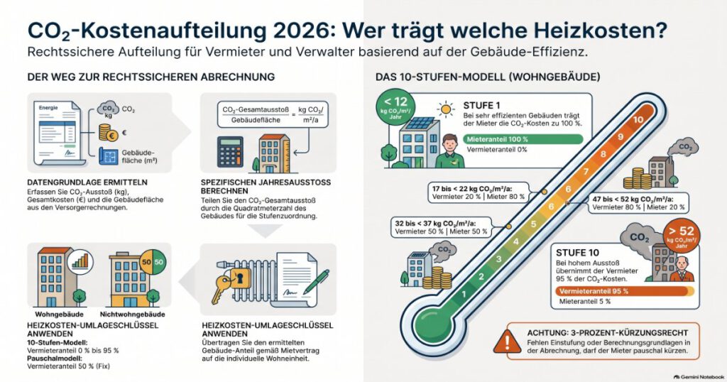 Die Infografik erklärt, wie CO₂-Ausstoß, Gebäudefläche und CO₂-Kosten zur gesetzlichen Einstufung führen. Sie veranschaulicht das Zehn-Stufen-Modell für Wohngebäude, die hälftige Aufteilung bei Nichtwohngebäuden und die Zuordnung zu einzelnen Nutzungseinheiten.