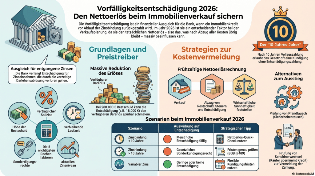 Eine Infografik erklärt Strategien für den Immobilienverkauf im Jahr 2026 und zeigt, wie man Vorfälligkeitsentschädigungen berechnet. Icons, Diagramme und Texte behandeln Kosten, Optionen wie den BGH-Joker und rechtliche Überlegungen für Immobilienverkäufer.