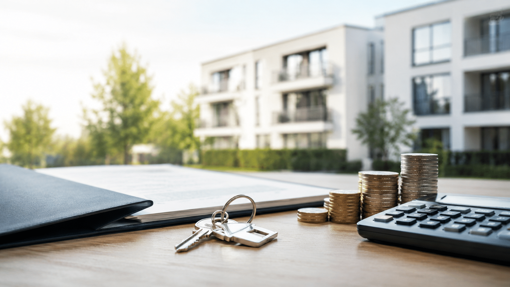 Ein Schlüsselbund, ein Stapel Münzen, ein Taschenrechner und Dokumente liegen auf einem Tisch - perfekte Symbole für den Immobilienverkauf oder um die Vorfälligkeitsentschädigung zu berechnen - mit modernen Wohnhäusern und Bäumen im Hintergrund.