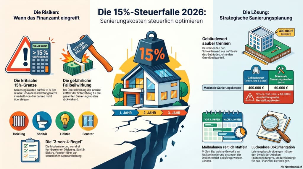 Infografik auf Deutsch zur "15%-Steuerfalle" bei Sanierungskosten nach Immobilienkauf 2026. Zeigt Risiken, steuerliche Folgen und strategische Lösungen mit Icons für Branchen, Dokumente und ein Haus mit "15%"-Markierung.