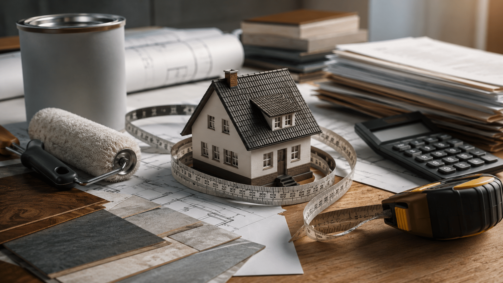 Ein kleines Modellhaus ist umgeben von einem Maßband auf einem Schreibtisch mit Renovierungswerkzeugen, Farbmustern, Bauplänen, einem Taschenrechner, der Sanierungskosten und mögliche Steuerfalle beim Immobilienkauf 2026 hervorhebt.