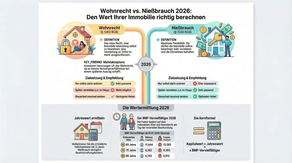 Infografik zum Vergleich von Wohnrecht und Nießbrauch im Jahr 2026, mit Definitionen, wichtigen Unterschieden, Wertberechnungen mit BMF-Vielfältiger und Empfehlungen für die Wahl zwischen diesen Eigentumsrechten in Deutschland. Mit Diagrammen, Symbolen und Formeln.